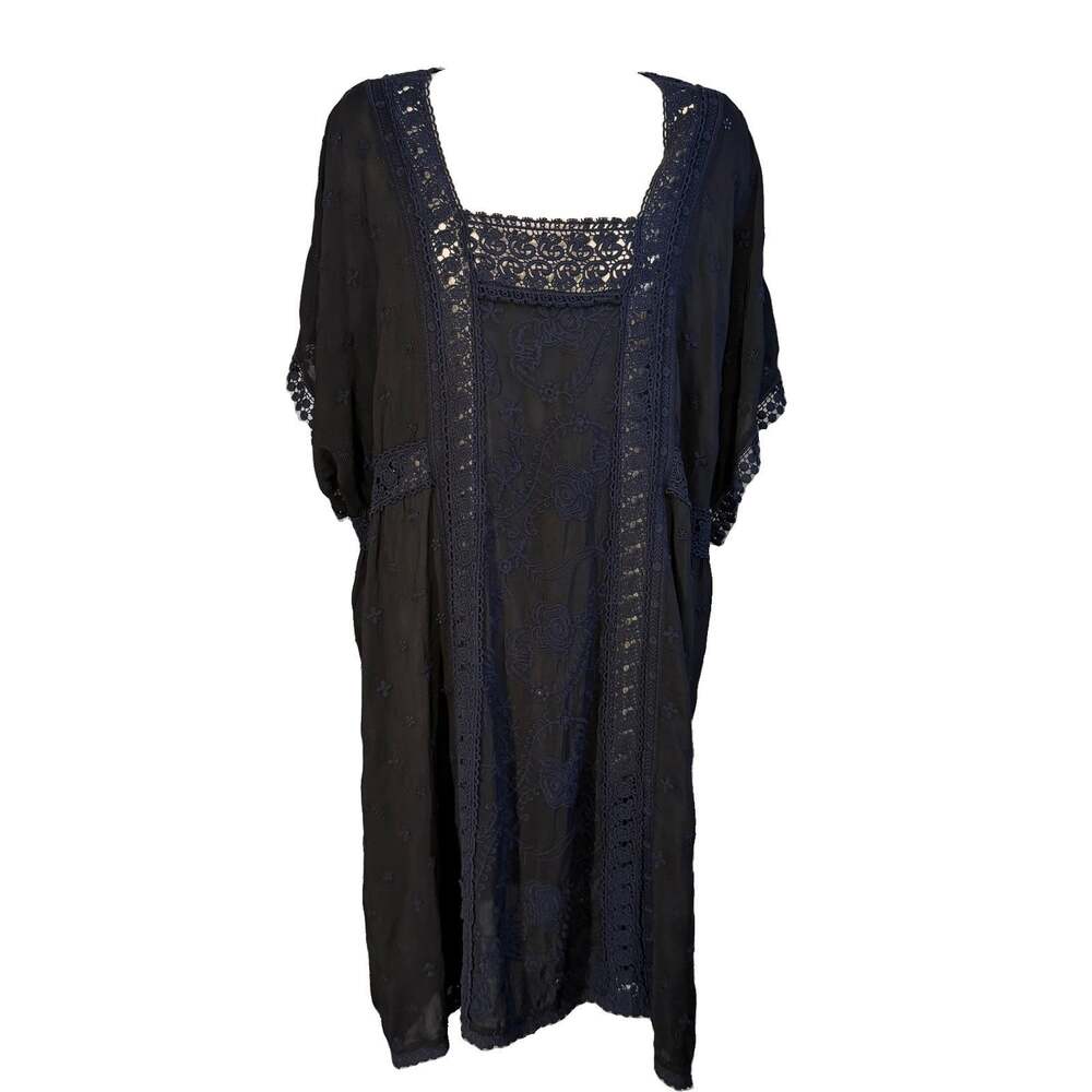 Johnny Was Midi Dress Womens Silk Eyelet Embroidered L/XL Black Navy Boho Goth